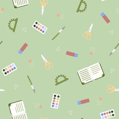 Seamless pattern with various school supplies on a green background. Vector illustration in flat style.