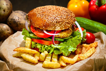 Big american burger with french fries. Fast food