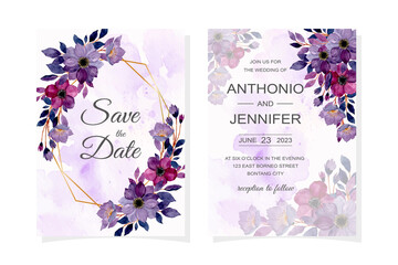 wedding invitation card with purple flower watercolor