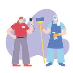 thank you essential workers, cleaner man and delivery woman wearing face masks, various occupations, coronavirus covid 19 disease