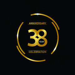 38 year anniversary celebration logotype. anniversary logo with circle golden and Spark light white color isolated on black background - vector