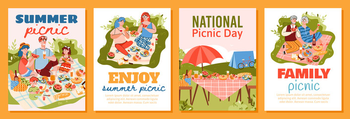 Summer picnic poster template set with cartoon people eating food in nature together. Happy family and couples with blanket and good meal, colorful vector illustration.