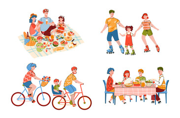 Fototapeta premium Happy family with children on summer activities - picnic, roller skates, riding bicycles and having meal together. Cartoon parents and kids, isolated vector illustration.