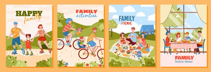 Happy family doing summer activities - cartoon poster set of parents with children on nature picnic, riding on roller skates and bicycle together. Vector illustration.