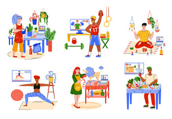 Fototapeta premium People at home and hobby activities - isolated set of men and women in quarantine cooking, doing sport exercises, etc. on white background. Vector illustration.