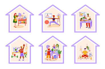 People doing sport activity at home and enjoying hobby or leisure, flat vector illustrations set isolated on white background. Stay at home and things to do for self care.