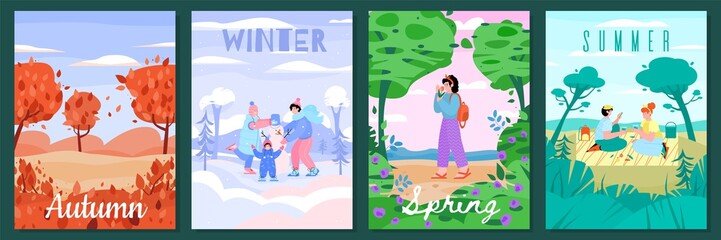 Nature seasons poster set with outdoor landscape and cartoon people. Autumn, winter, spring and summer - colorful seasonal cards vector illustration.