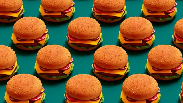 Tasty cheeseburgers in rows are jumping and moving together in one direction.