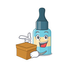 A smiling hair oil cartoon mascot style having a box