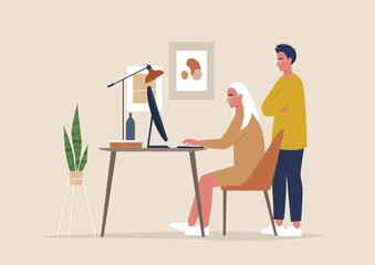 Supervising at work, two colleagues working on a project, guidance and help, management and control