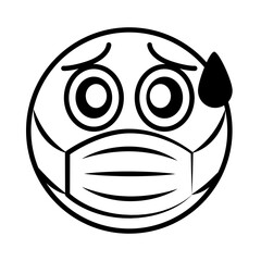 emoticon fearful with medical mask coronavirus covid-19 pandemic, line cartoon style