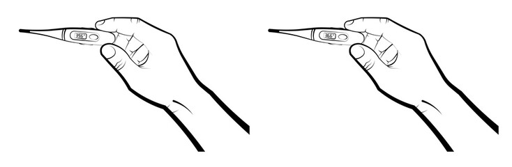 mans hand holds an electronic thermometer with a normal body temperature of 36.6 and a high of 39.6 degrees Celsius. Health and disease prevention. Isolated vector on white background