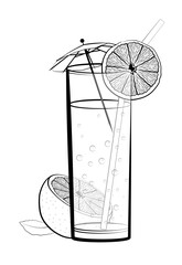 Tall glass with sparkling orange lemonade and a decorative umbrella. Cocktails, alcoholic drinks, illustrations for the cafe, restaurant menu. Isolated vector on white background