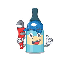 cartoon mascot design of hair oil as a Plumber with tool