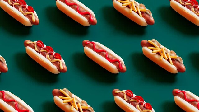 Tasty hot dogs in rows are jumping and moving together in one direction. Loop.