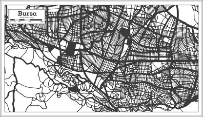 Bursa Turkey City Map in Black and White Color in Retro Style. Outline Map.