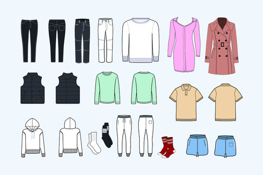  Apparel tech-pack template. Clothing set icon. 