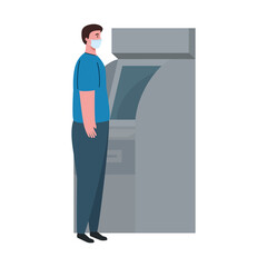 social distancing and coronavirus covid 19 prevention, man wearing medical mask, using atm