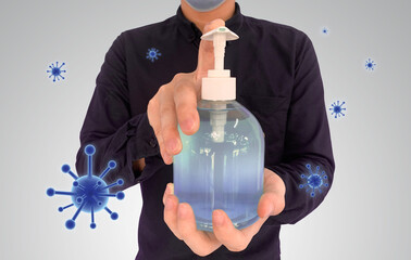Corona virus 2019, Man using hand sanitizer gel potect covid 19. 3d corona virus.