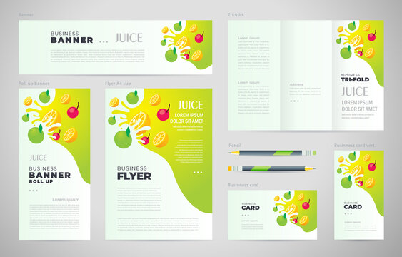 Juice Fruit Drops Liquid  Green Apple Element Set Flyer Cover, Tri-fold, Banner, Roll Up Banner, Business Card.