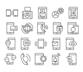 mobile phone or smartphone electronic technology device line style icons set