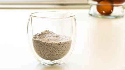 Chia seeds and yogurt. Healthy vegan breakfast, dessert
