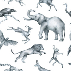 Watercolor seamless pattern with wild tropical animals. Lion, elephant, ostrich, monkey, lemur, parrot, gazelle. Background with jungle animal for textile, wrapping, covers, decoration.