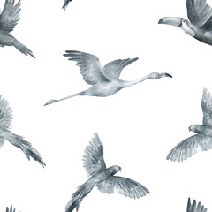 Watercolor seamless pattern with wild tropical birds. Parrot, toucan, flamingo, ostrich. Background with jungle animal for textile, wrapping, covers, decoration.