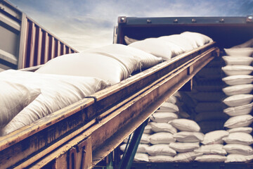 Fototapeta na wymiar Bags of refine sugar on conveyor belt loading into container in stuffing area at warehouse. Sugar product for export-import.