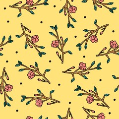 Vector seamless pattern with cute twigs and flowers. Delicate background for paper and textiles. - 360113305