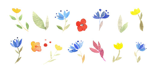 Watercolor illustration, set of flowers, summer, blue and yellow tulips