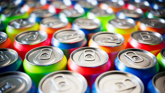 Seamless looping animation of assorted soda cans. Set of many drinks. Close up.
