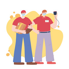 thank you essential workers, delivery man and woman wearing face masks, various occupations, coronavirus covid 19 disease