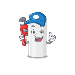 cartoon mascot design of hair spray as a Plumber with tool