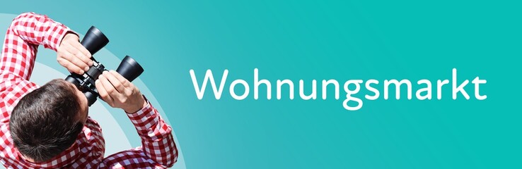 Naklejka premium Wohnungsmarkt. Mann mit Fernglas aus Vogelperspektive. Beobachtung, Draufsicht, Panorama. Business Text auf blau. Statistik, Wirtschaft