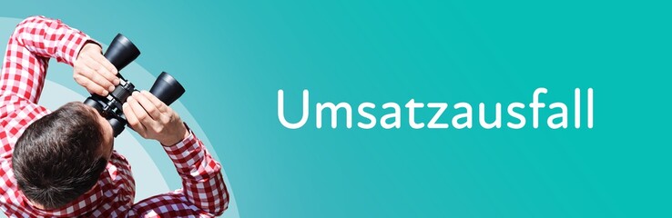 Fototapeta premium Umsatzausfall. Mann mit Fernglas aus Vogelperspektive. Beobachtung, Draufsicht, Panorama. Business Text auf blau. Statistik, Wirtschaft