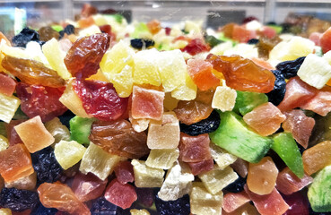 mixed of dried fruit cut in small piece photo from side view clear box