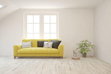 White living room with sofa. Scandinavian interior design. 3D illustration