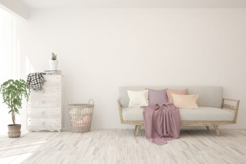 White living room with sofa. Scandinavian interior design. 3D illustration