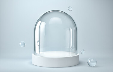 Empty glass dome on white podium with glass spheres