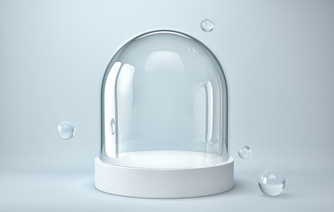 Empty glass dome on white podium with glass spheres © ptasha