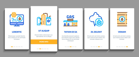 Gas Fuel Industry Onboarding Mobile App Page Screen Vector. Gas Truck Cargo Delivery And Carriage Transportation, Station And Derrick, Flame And Barrel Color Illustrations