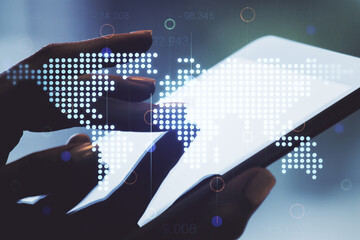 Abstract creative digital world map and finger clicks on a digital tablet background, globalization...