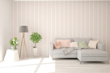 White living room with sofa. Scandinavian interior design. 3D illustration