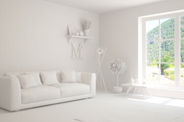 White minimalist living room with sofa. Scandinavian interior design. 3D illustration