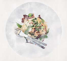 spaghetti served on dish in digital water-color painting