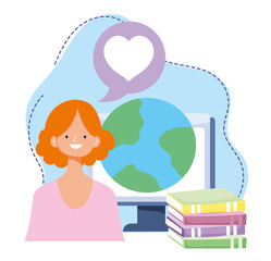 online training, woman with computer world and books, courses knowledge development using internet
