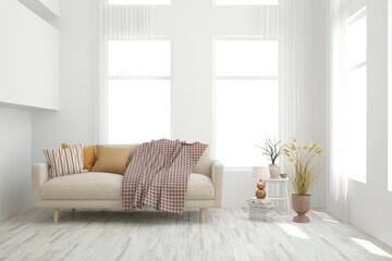 White living room with sofa. Scandinavian interior design. 3D illustration