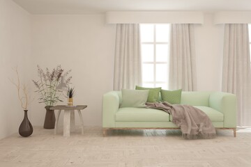 White living room with sofa. Scandinavian interior design. 3D illustration