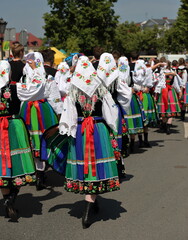 Fototapeta na wymiar Local people in traditional folk costume from Lowicz region in Poland while walk in Corpus Christi procession